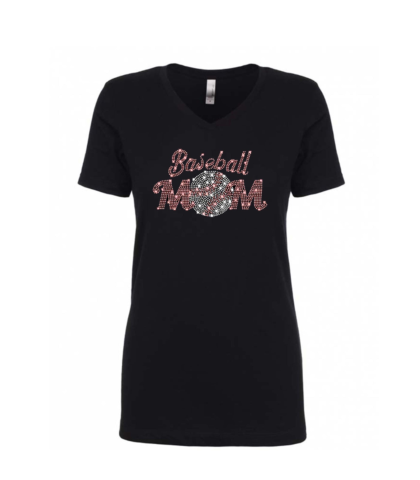 Baseball Mom Black V-Neck T-Shirt w/Rhinestones