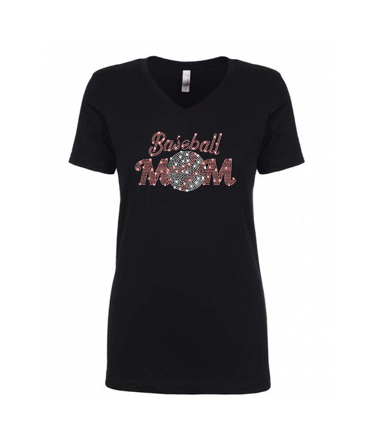 Baseball Mom Black V-Neck T-Shirt w/Rhinestones